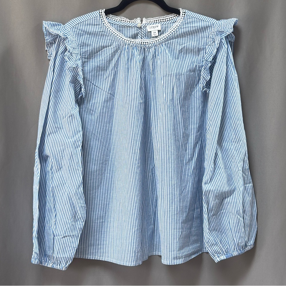J.Crew Ruffle Shoulder Long Sleeve Top, Blue White Stripes, Plus Size 2X Preppy